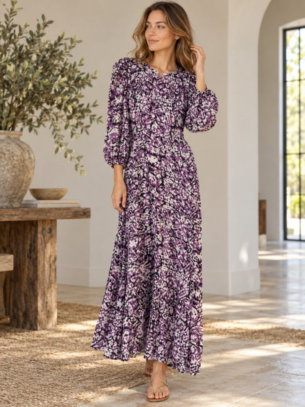 Sea New York Sz 2 Purple Silk Blend Maxi Dress Puffed Sleeve Boho